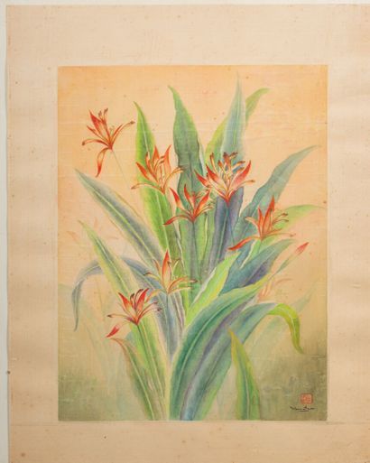 Van Tho TRAN (1917-2004) Iris rouge
Encre sur papier 
Signé en bas à droite 
51.5... Gazette Drouot