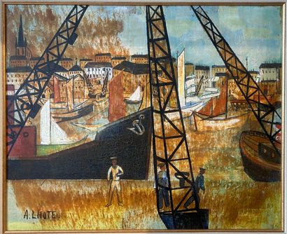 André LHOTE (1885-1962) Composition aux grues sur le port de Bordeaux 
Huile sur... Gazette Drouot