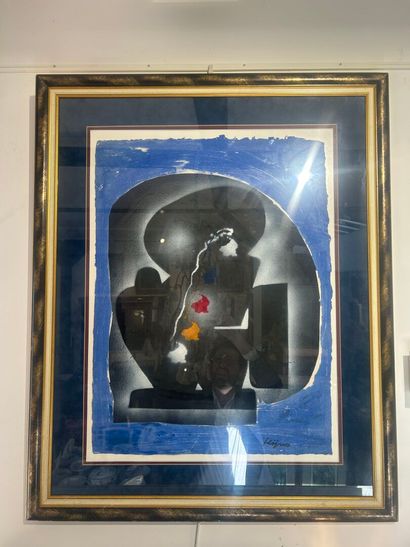 Ladislas KIJNO (1921-2012) Sans titre (composition abstraite sur fond bleu) 
Encre... Gazette Drouot