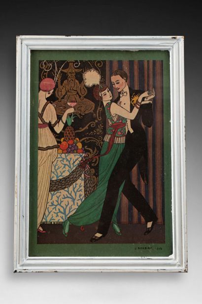 Georges BARBIER (1882-1932) Couple dansant devant un buffet au chinois 
Estampe 
Signé... Gazette Drouot