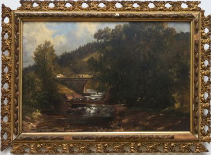 null Swiss school of the 19th century
Landscape with a bridge
Oil on paper mounted...