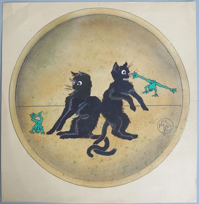 null School circa 1900 
Cats playing with an aquarium, Cats and frogs, Studies of...