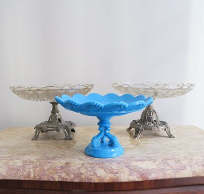 null Pair of cut-glass and metal mignardise bowls on pedestal, and one opaque blue...