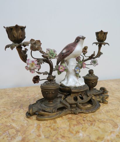 null Louis XV style, bronze and gilt metal, two-light inkwell decorated with a bird...