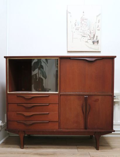 null Scandinavian-style stained-wood sideboard, opening with flap and two doors on...