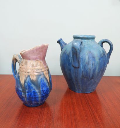 null PIERREFONDS
Blue flamed earthenware chevrette vase with three handles and a...