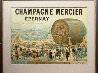 Champagne Mercier Épernay Panonceau publicitaire chromolithographié, sous passe-partout...