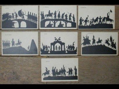 [Ier Empire] [CARAN d'ACHE] 7 Cartes postales en ombres chinoises illustrant des...