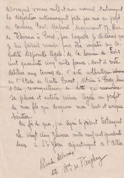  Blanche DELACROIX, baronne de VAUGHAN - Testament autographe signé. St-Yorre, 25-01-1942....