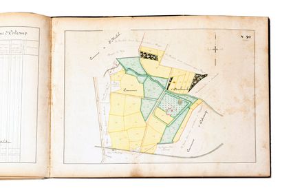 null 
布鲁日--地籍图册手稿] H．DECOCK - "Boyaval du Jardin Jules先生的房产地籍图，他是布鲁日的业主，位于西佛兰德省、东佛兰德省和泽兰省"。
[布鲁日，约1870年]。意大利风格的宽页印刷品（53...
