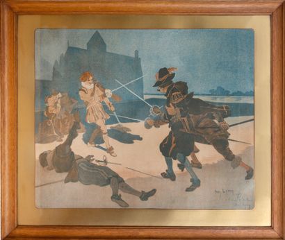 null 
Amédée LYNEN (1852-1938) - Scène de combat nocturne à l’épée.
S.l., 1909. Lithographie...