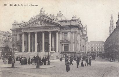  布鲁塞尔：证券交易所，Anneessens广场，Rue Neuve，Brouckère广场...。一套约400张不同时期的明信片+2本笔记本。...