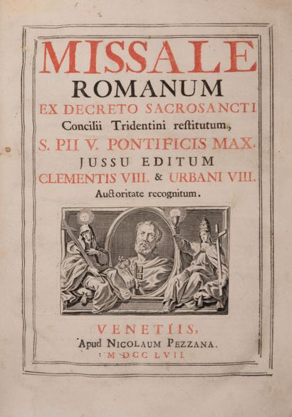 null 
missale romanum [...]。
威尼斯，Nicolum Pezzana，1757年。335 x 240毫米，当代小牛皮包木，镀金边缘（装订状况不佳，书脊上有撕裂，扣子被撕下）。

[36]，424，CVII页，用红色和黑色印刷，有音乐注释，3个整页雕刻。有处理过的痕迹，一些修复的痕迹。装订在：Missae...