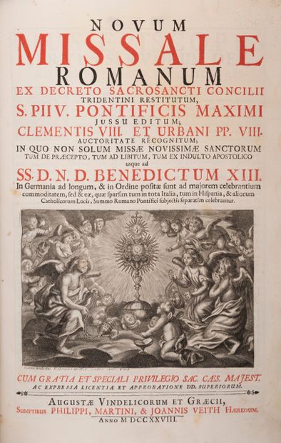 null 
missale romanum [...]。
威尼斯，Nicolum Pezzana，1757年。335 x 240毫米，当代小牛皮包木，镀金边缘（装订状况不佳，书脊上有撕裂，扣子被撕下）。

[36]，424，CVII页，用红色和黑色印刷，有音乐注释，3个整页雕刻。有处理过的痕迹，一些修复的痕迹。装订在：Missae...