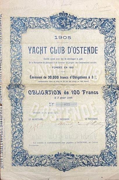 null 
[SCRIPTOPHILIE] Yacht Club d'Ostende - 1905. 1 obligation de 100 francs à 3%.

La...