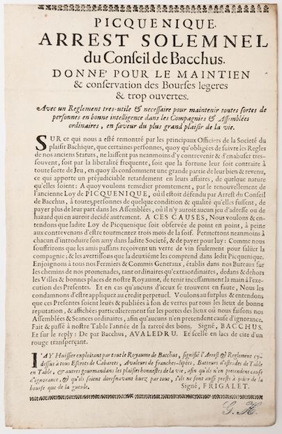 null [EPHEMERA - FACETIAE ]- 2 Bacchic placards.
[France, ca 1700]. +/- 32 x 20 cm....
