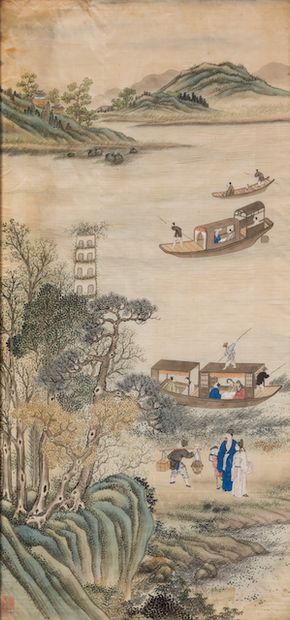 null [CHINESE ECOLE ]- Painting on silk.
 80 x 39.5 cm. Partially mounted on cardboard....