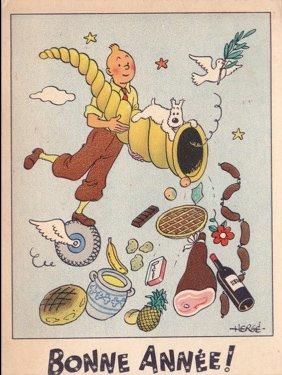 HERGÉ Tintin et la corne d'abondance. Carte postale de «Bonne année».: Carte postale...