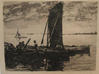Léopold HAECK (Anvers, 1868 - Wynegem, 1928) [Barques de pêcheurs].: Eau-forte. Nom...