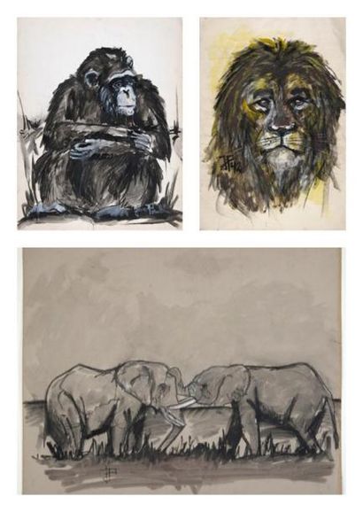 Jean POULAIN (1884-1967) Gorille assis.: Gouache. Nom de l'artiste en bas a droite...