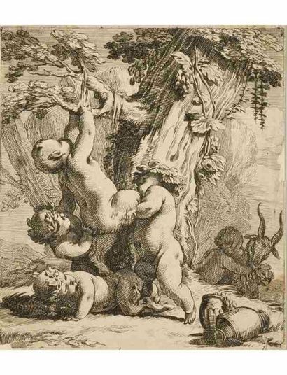 MICHEL DORIGNY (1616-1665) Putti aidant un jeune satyre à monter à l'arbre.
Belle...