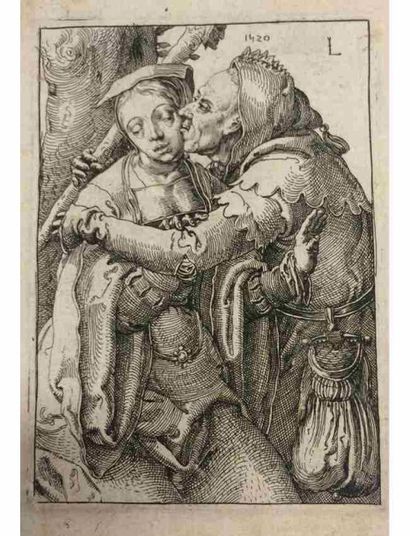 LUCAS DE LEYDE (Leyde, 1494 - Leyde, 1533) Un fou et une femme.
Belle copie inversée...