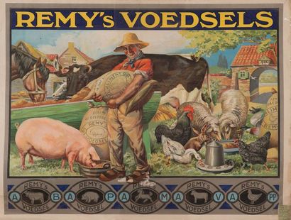 null 
REMY'S VOEDSELS.

Grande chromolithographie. 51 x 66 cm. Timbre fiscal. Légers...
