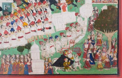 Miniature indienne illustrant une procession royale pour le festival des femmes (Teej)...