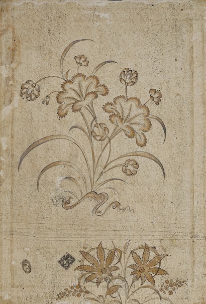Calligraphie et composition florale, montés sur une page d'album 
Calligraphy: Al-Busiri,...