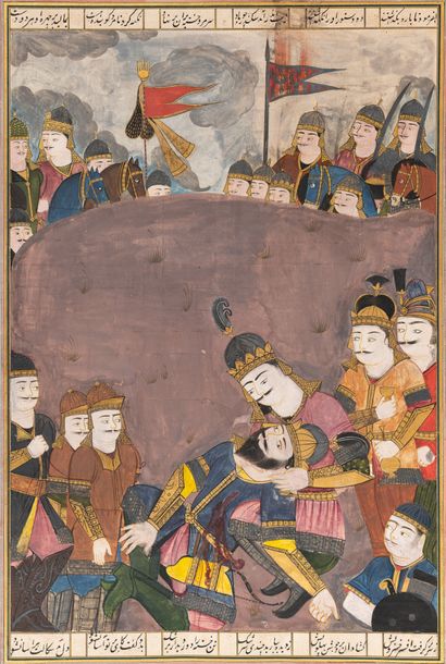 Importante miniature du «  Shahnameh Tabbagh » : Iskandar réconfortant Dara mourant...