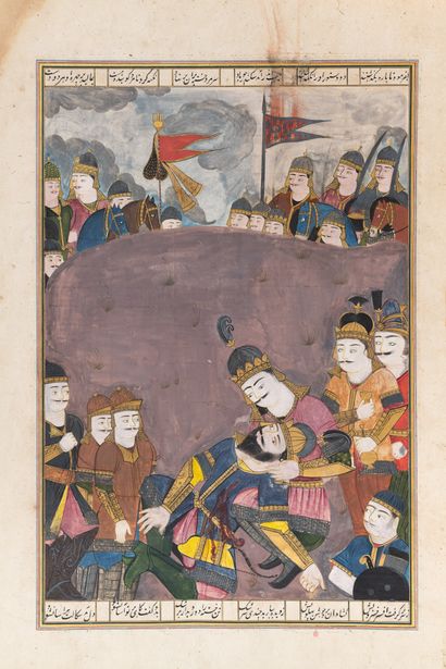 Importante miniature du «  Shahnameh Tabbagh » : Iskandar réconfortant Dara mourant