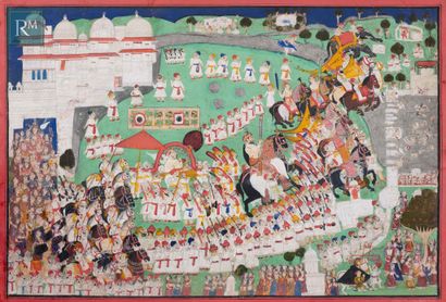 Miniature indienne illustrant une procession royale pour le festival des femmes (Teej)