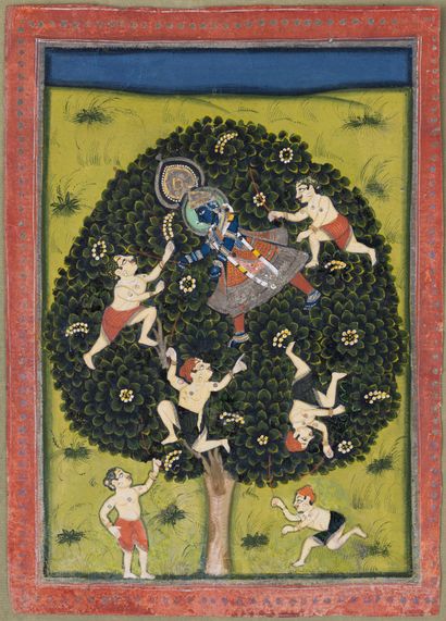 Miniature Indienne extraite d’un Gîta-govinda : La ronde de Krishna et les Gopas...