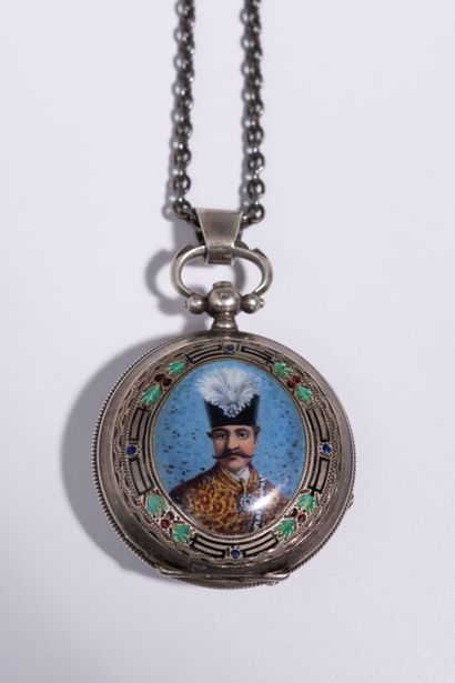 Montre de poche en argent et émail à l'éffigie royale de Naser al-Din Shah Qajar...