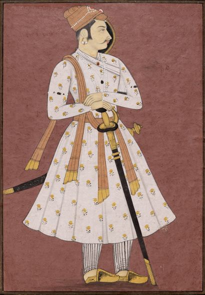 Portrait d'un dignitaire moghol vêtu d'une robe blanche sur un fond brun India, 19th...