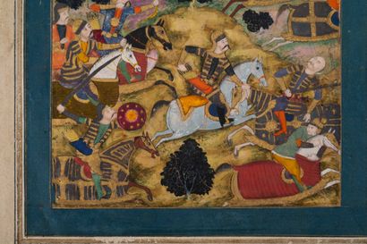 Miniature extraite d'un Akbarnama (Livre d'Akbar) d'Abu'l Fazl (1551-1602) : bataille...