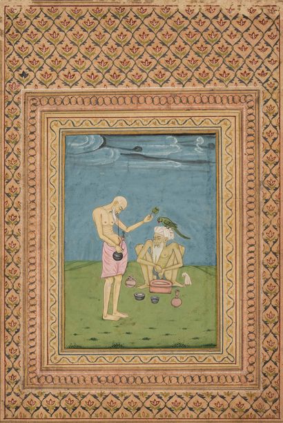 Ascètes dans un paysage India, Mughal art, 18th century

Gouache and gold on paper...