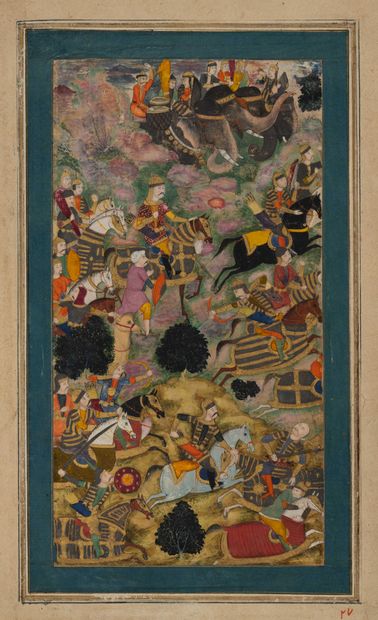 Miniature extraite d'un Akbarnama (Livre d'Akbar) d'Abu'l Fazl (1551-1602) : bataille...