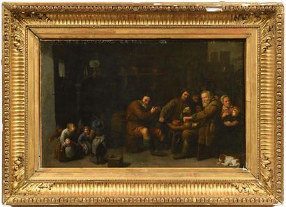  Attribué à David RYCKAERT III (1612-1661).
Scène de taverne animée.
Huile sur toile.
58... Gazette Drouot