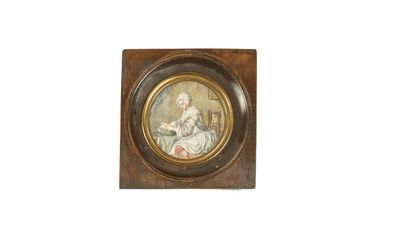 null Ecole Française du XIXe siècle : 


Femme dans un intérieur brodant 


Miniature...