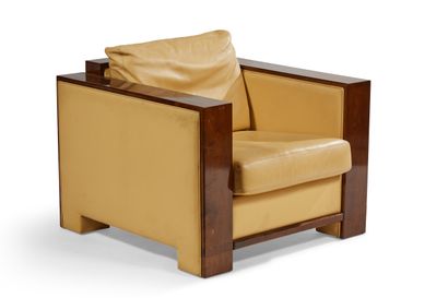 Exotic wood veneer armchair, yellow leather...