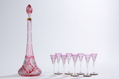 null Set of eight violet Rhine cut crystal liqueur glasses and red Rhine cut crystal...