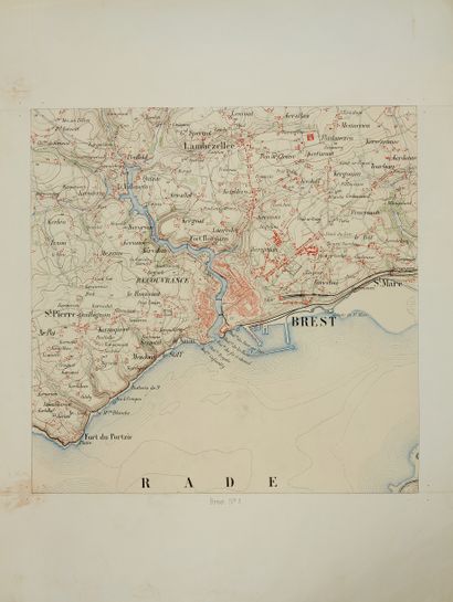null WAR DEPOT. Brest. Map in 9 sheets. Ca. 1880. Printed in colours Map in 9 sheets...
