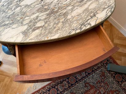 null Small oval table in veneer wood opening to a drawer in belt, ornamentation of...
