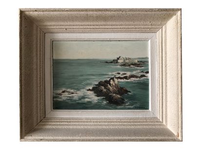 null * Paul Henri RENIER (XXe siècle) 

Paysage de bord de mer avec maison et rochers

Huile...
