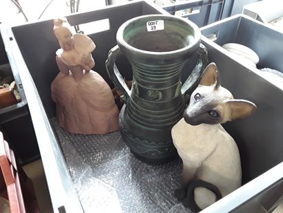 null * Lot comprenant : 

Statue chat 

Vase en céramique verte 

Buste en terre...