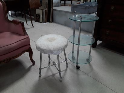 null * Chromed metal and glass pedestal table and stool for bathroom 

Height: 44...