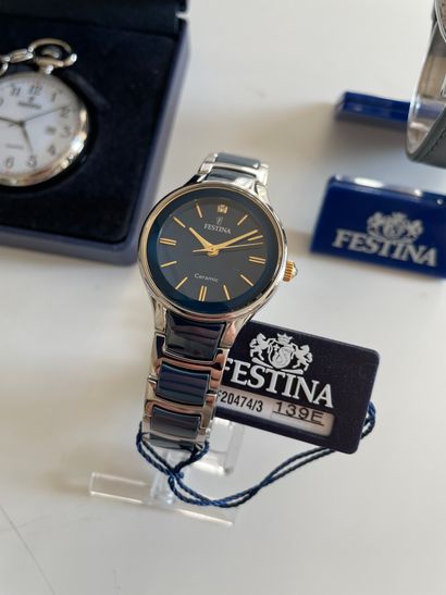 null * FESTINA - Trois montres bracelet et une poche de poche en métal. Très bon...