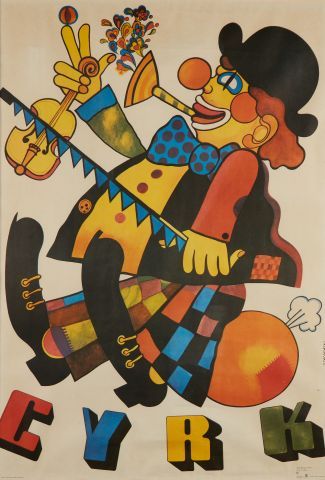 null After Marian STACHURSKI (1931-1980) 

Clown musician 

Poster, series CYRK 

95...