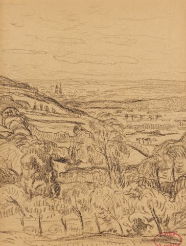 null Henry MORET (1856-1913) 

Quimper, Vallée du Jet 

Fusain sur papier, cachet...